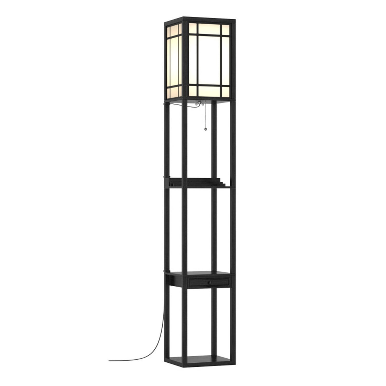 Vebreda Modern Floor Lamp with Storage Shelves and Drawer with Pull Chain Switch for Living Room Bedroom-Black | Shelf Standing Lamp