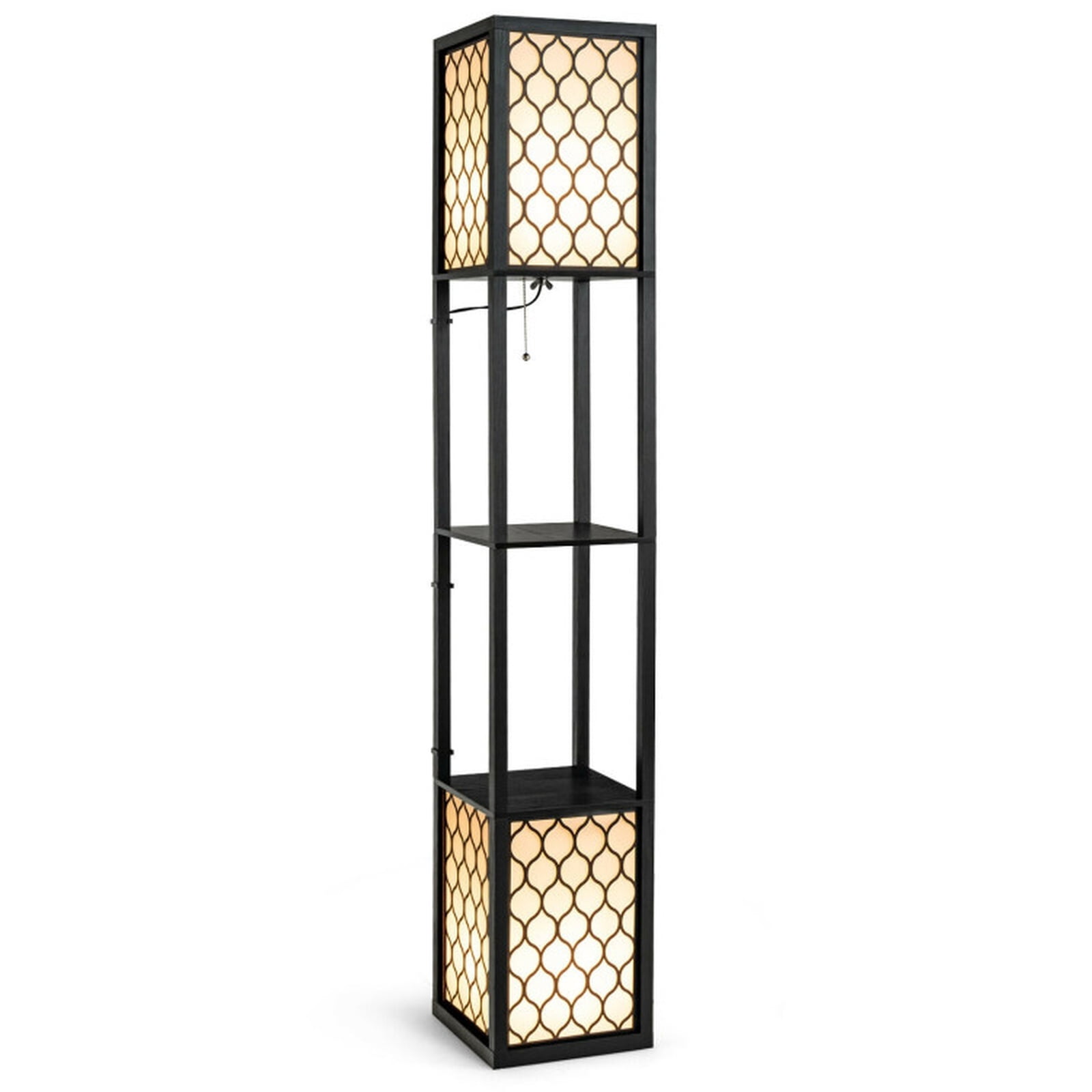 Vebreda Modern Freestanding Shelf Floor Lamp with Double Lamp Pull Chain and Foot Switch for Living Room-Black White | Shelf Standing Lamp