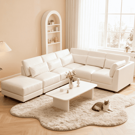 Vebreda Modern L-Shaped Sectional Sofa Set, Beige Upholstered Corner Sofa for Living Room