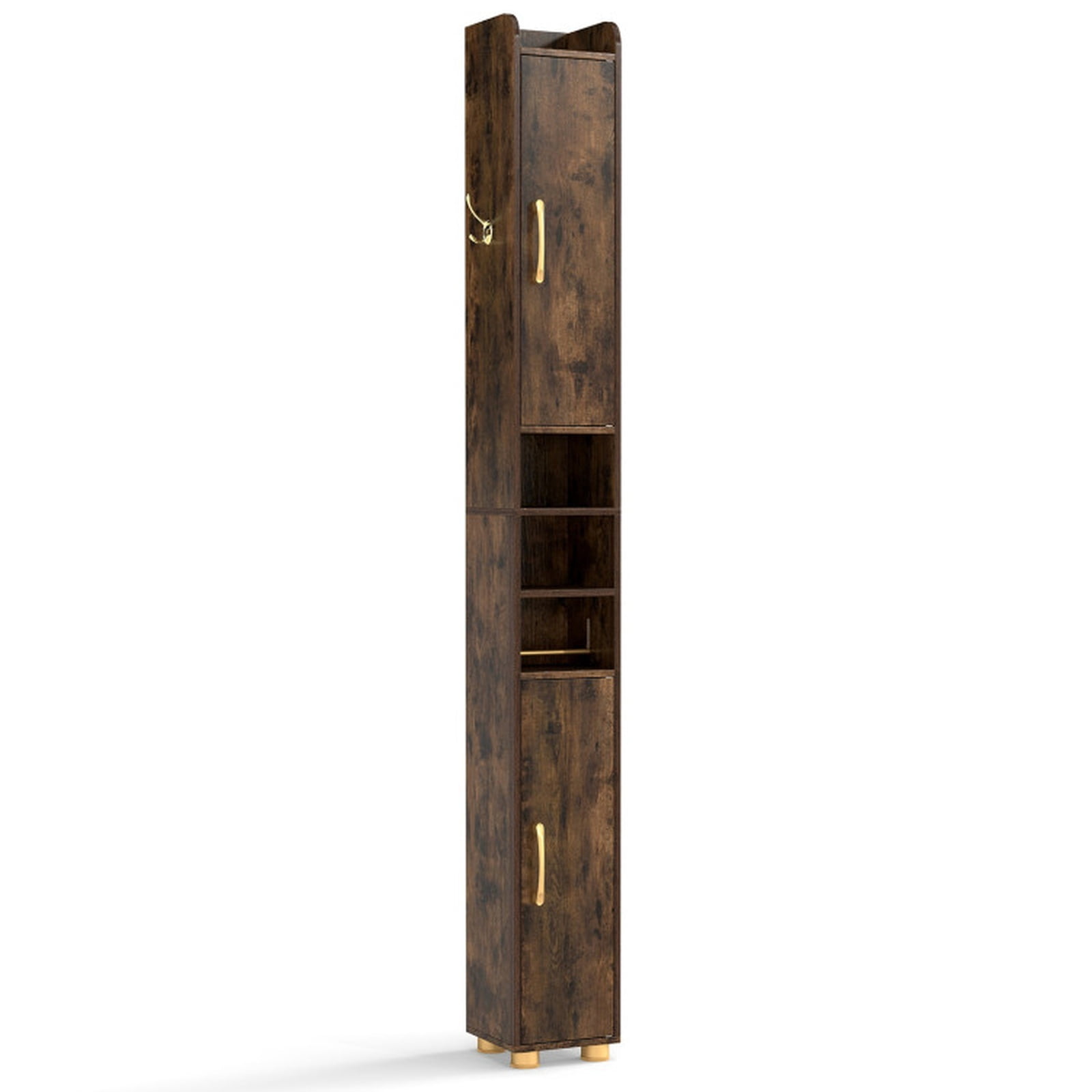 Vebreda Narrow Bathroom Storage Cabinet, Tall Freestanding Slim Cabinet with 2 Closed Cabinets, Open Shelves and Toilet Paper Holder, Adjustable Shelves and Hook, Rustic Brown
