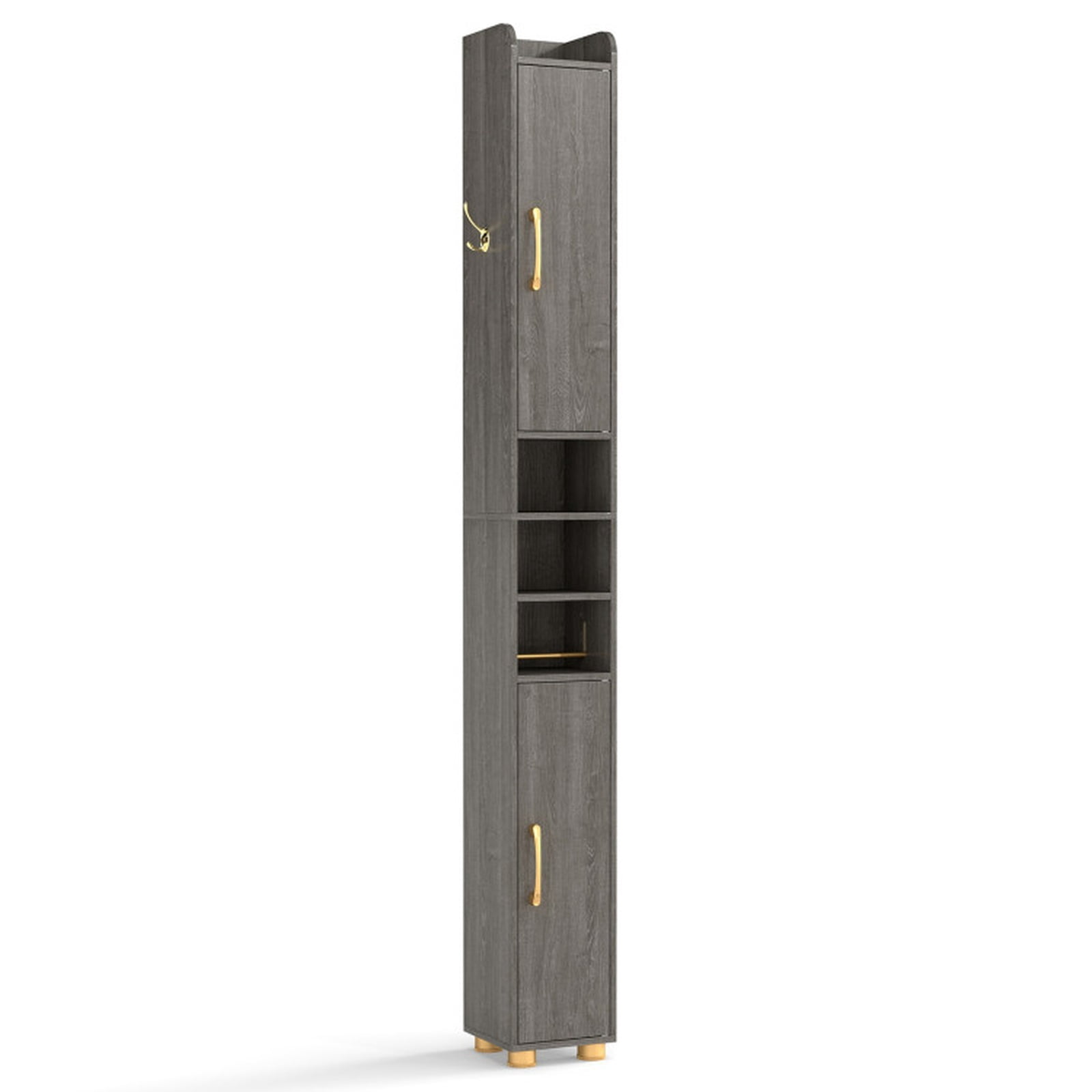 Vebreda Narrow Bathroom Storage Cabinet, Tall Freestanding Slim Tower with 2 Closed Cabinets, Open Shelves and Toilet Paper Holder, Adjustable Shelves, Hook and Golden Handles, Gray