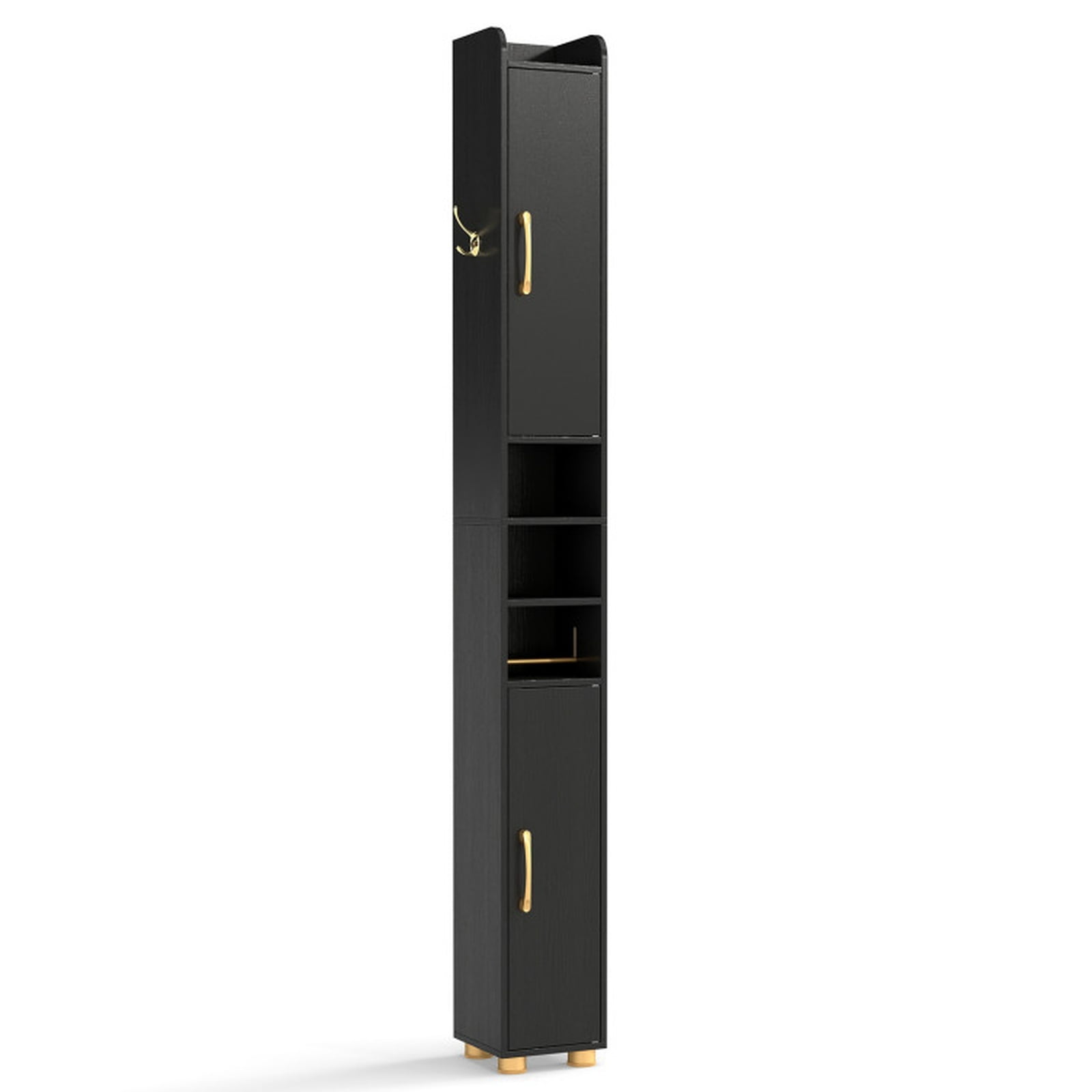 Vebreda Narrow Bathroom Storage Cabinet, Tall Slim Freestanding Cabinet with 2 Closed Cabinets, Open Shelves and Toilet Paper Holder, Adjustable Shelves and Hook, Black