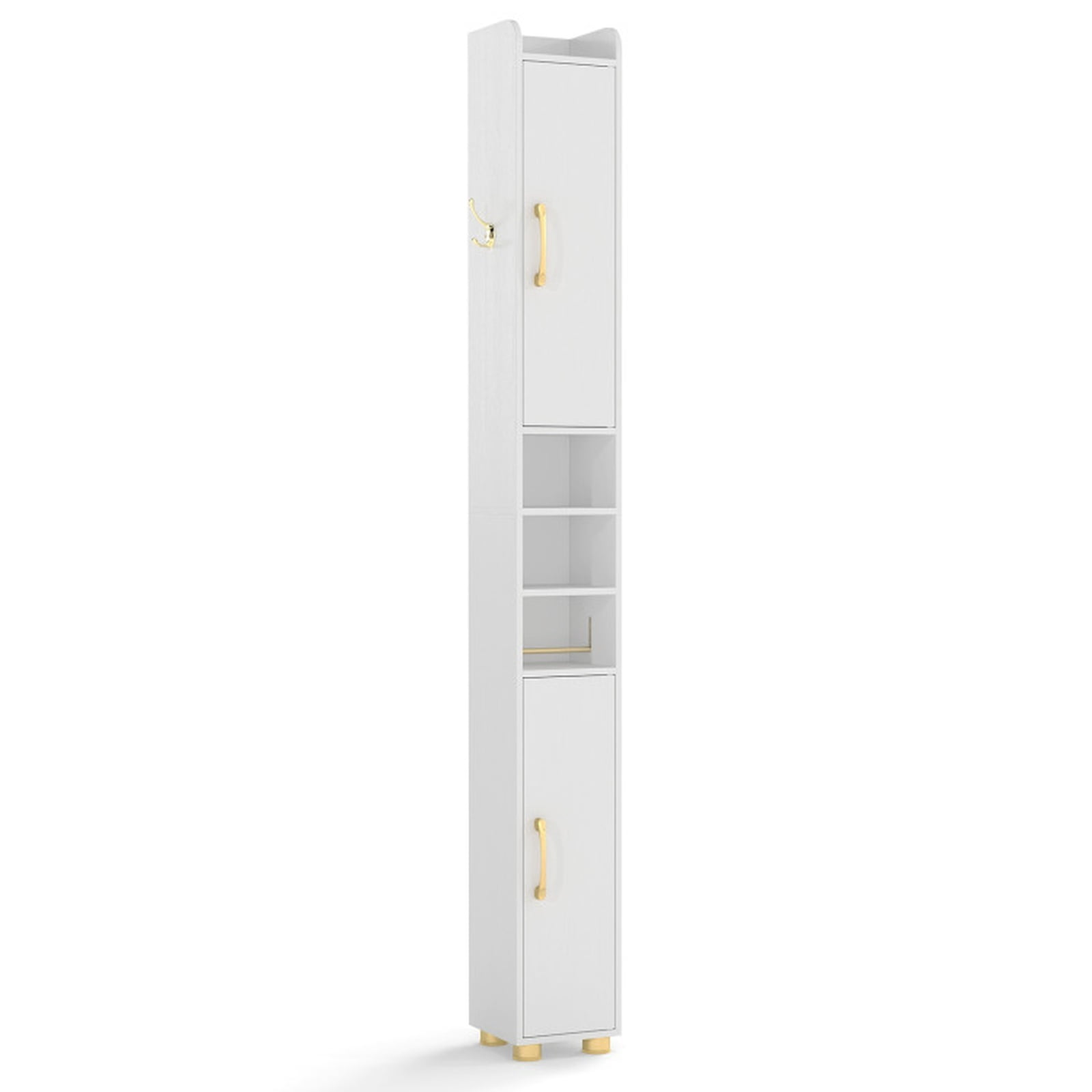 Vebreda Narrow Bathroom Storage Cabinet, Tall Slim Freestanding Tower with 2 Closed Cabinets, Open Shelves and Toilet Paper Holder, Adjustable Shelves, Hook and Anti-Tip Kit, White