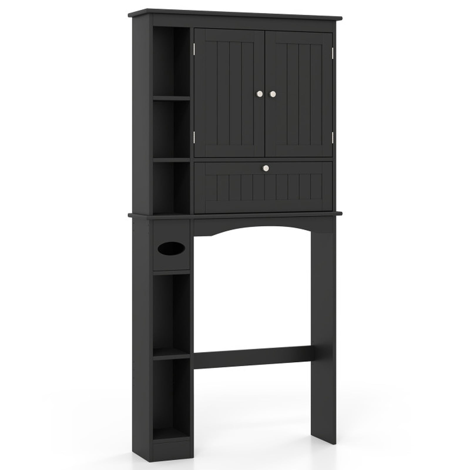 Vebreda Over-the-Toilet Storage Cabinet, Freestanding Bathroom Space Saver with 2 Cabinets, 5 Open Compartments and Height-Adjustable Bottom Bar, Tissue Box Slot, White and Black