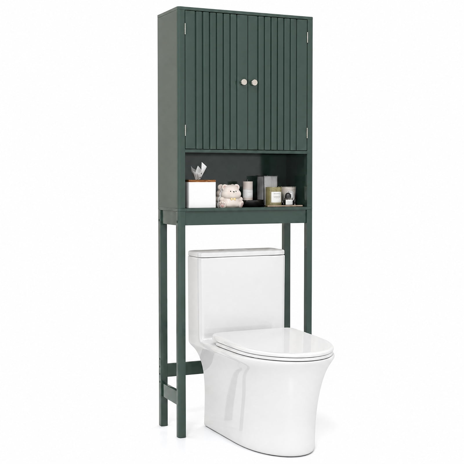 Vebreda Over-the-Toilet Storage Cabinet with Fluted Doors and 3-Position Adjustable Shelf, Freestanding Bathroom Space Saver, 66 in, Green