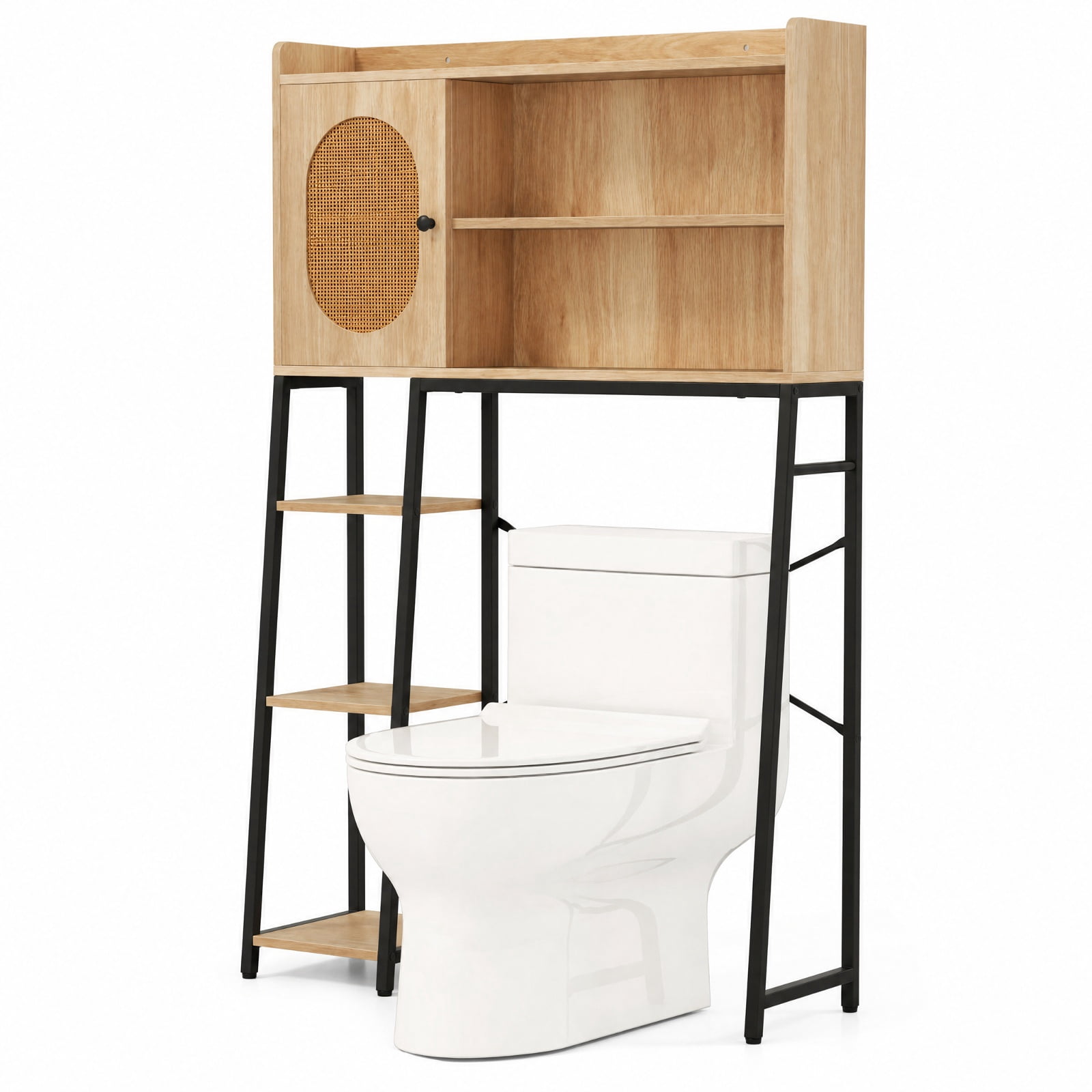 Vebreda Over-the-Toilet Storage, Over The Toilet Storage Cabinet with PE Rattan Door and Open Storage Shelves, Diverse and Flexible Storage Space