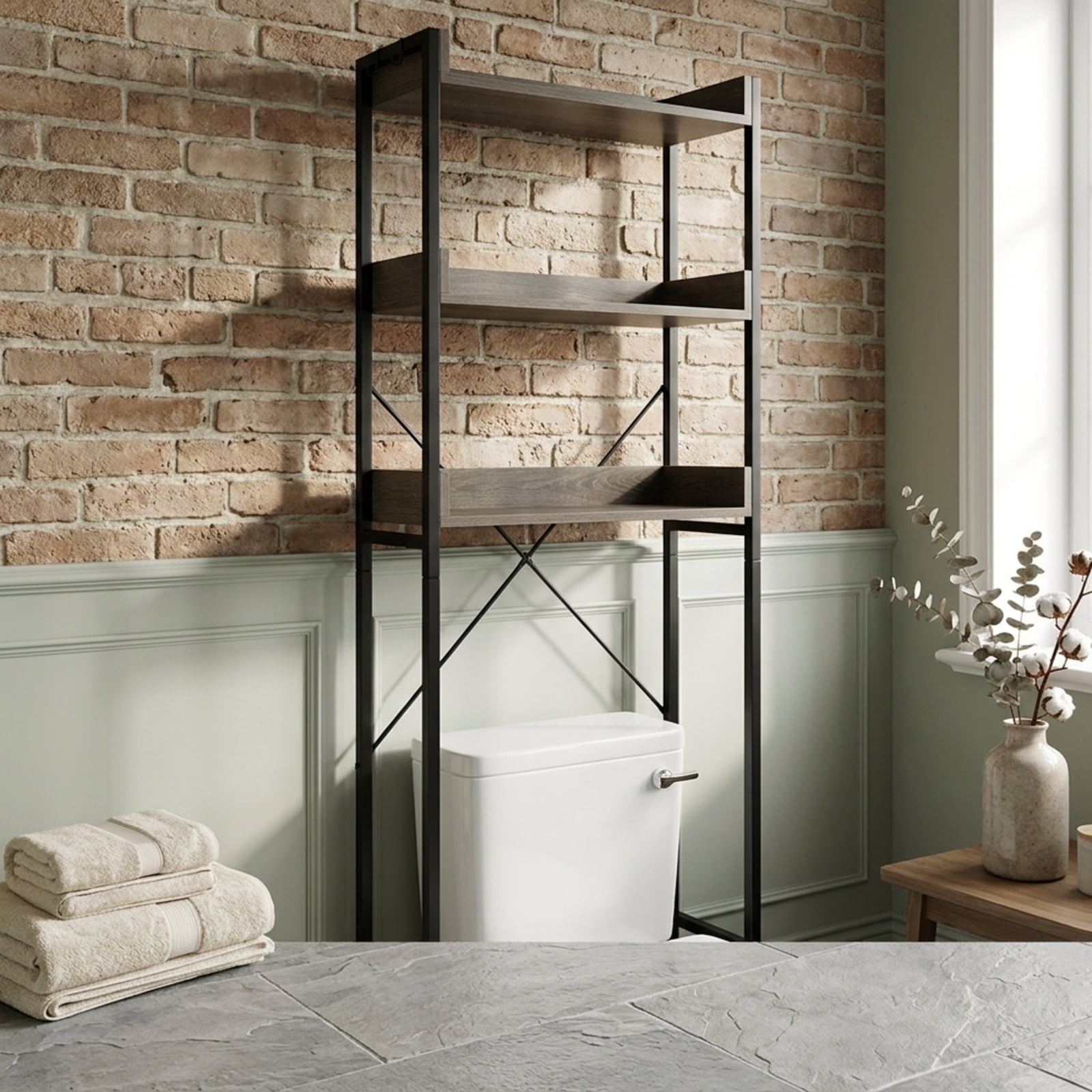 Vebreda Over-the-Toilet Storage, Over The Toilet Storage Rack with Hooks and Adjustable Bottom Bar, Large Storage Space, Make Full Use of Space