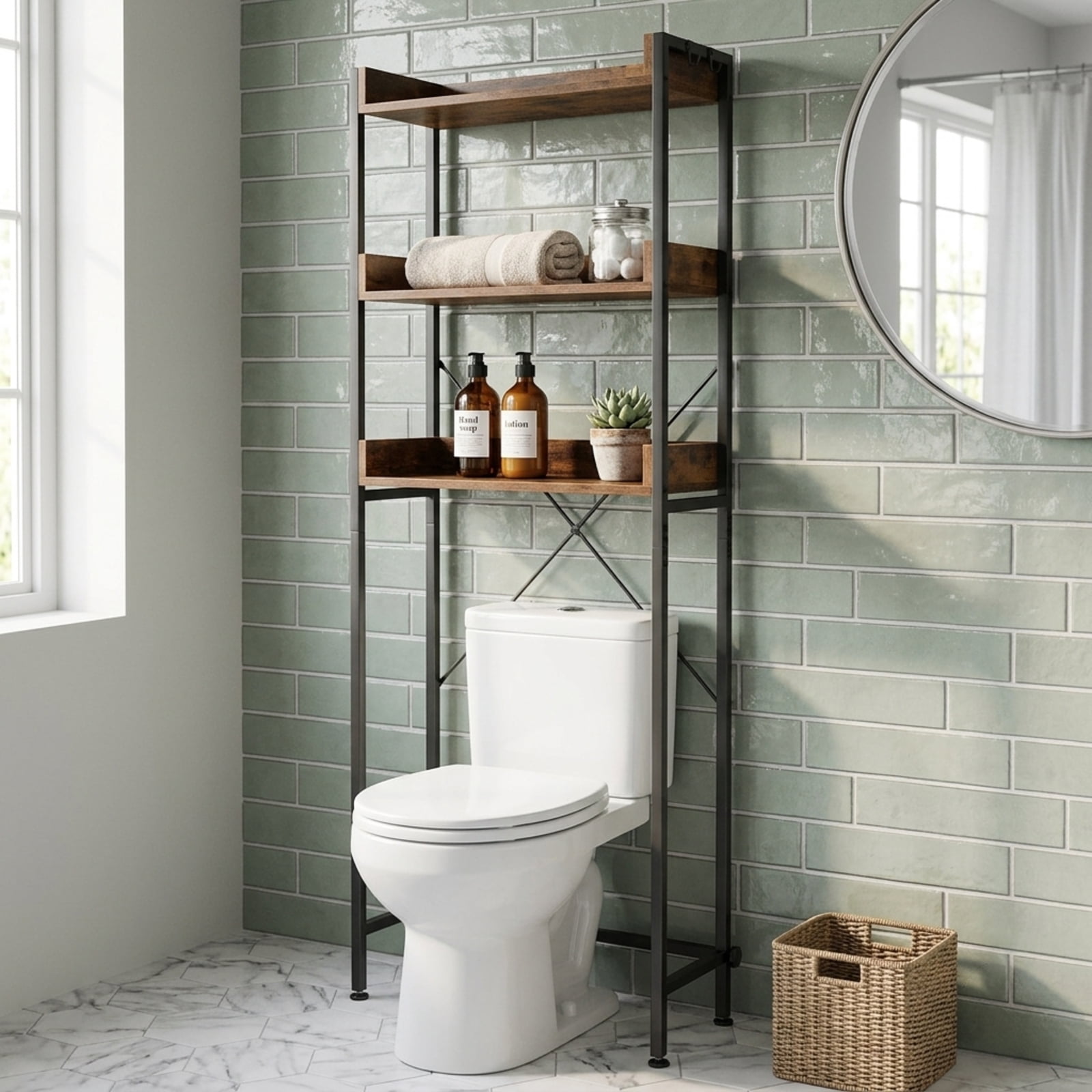 Vebreda Over-the-Toilet Storage, Over The Toilet Storage Rack with Hooks and Adjustable Bottom Bar, Large Storage Space, Make Full Use of Space