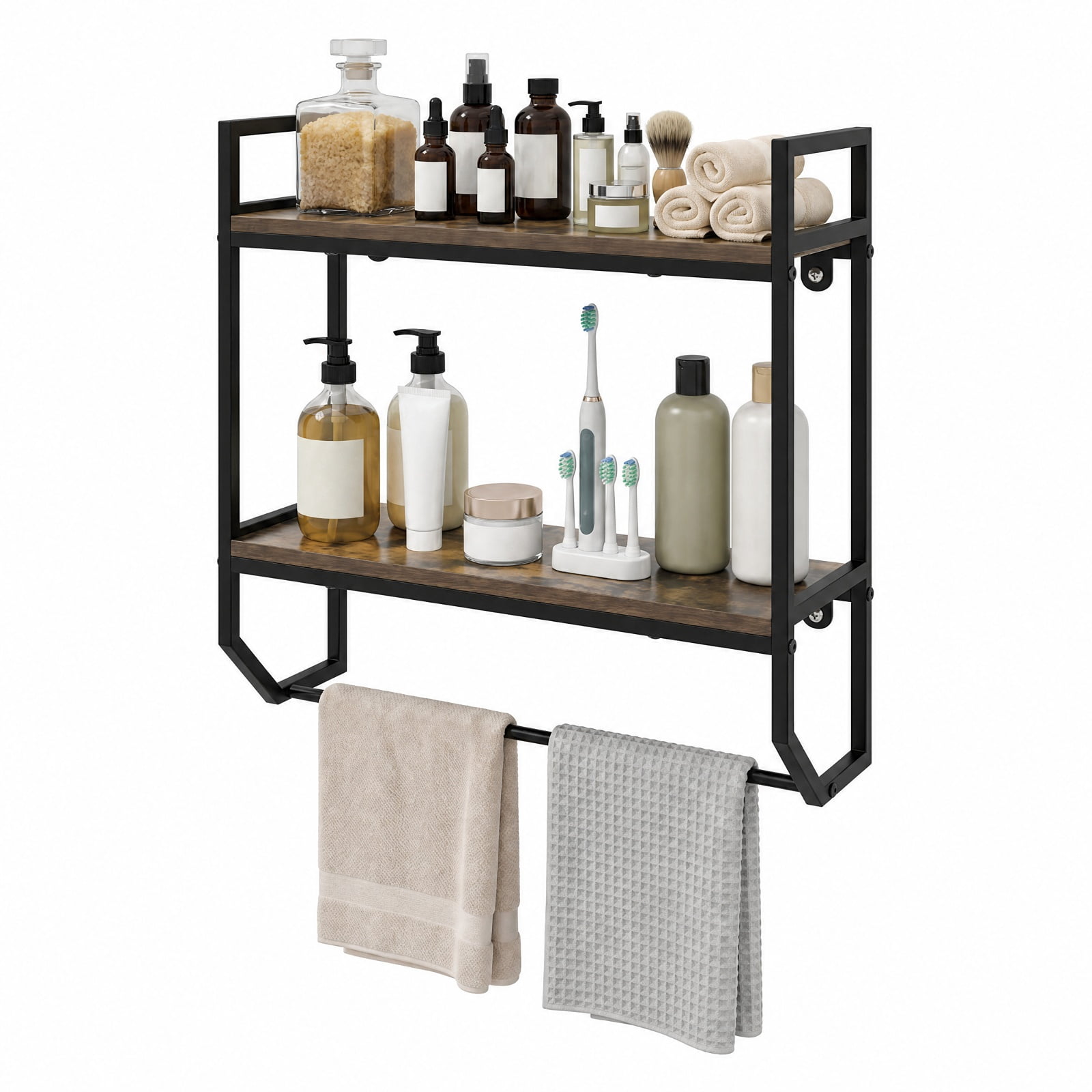 Vebreda Over-the-Toilet Storage Shelf with Metal Frame & Towel Bar, 2-Tier Wall-Anchored Bathroom Space Saver Organizer Rack Above Toilet, Rustic Brown