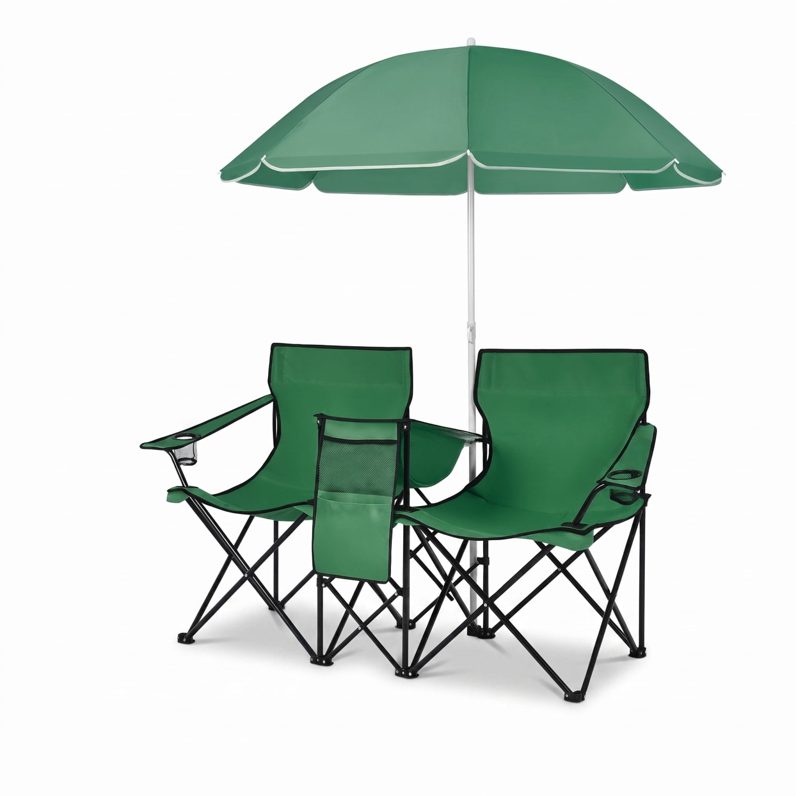 Vebreda Portable Folding Picnic Double Chair with Removable Umbrella Cooler Bag and Dual Beverage Holders for Beach Backyard Poolside and Patio, Green