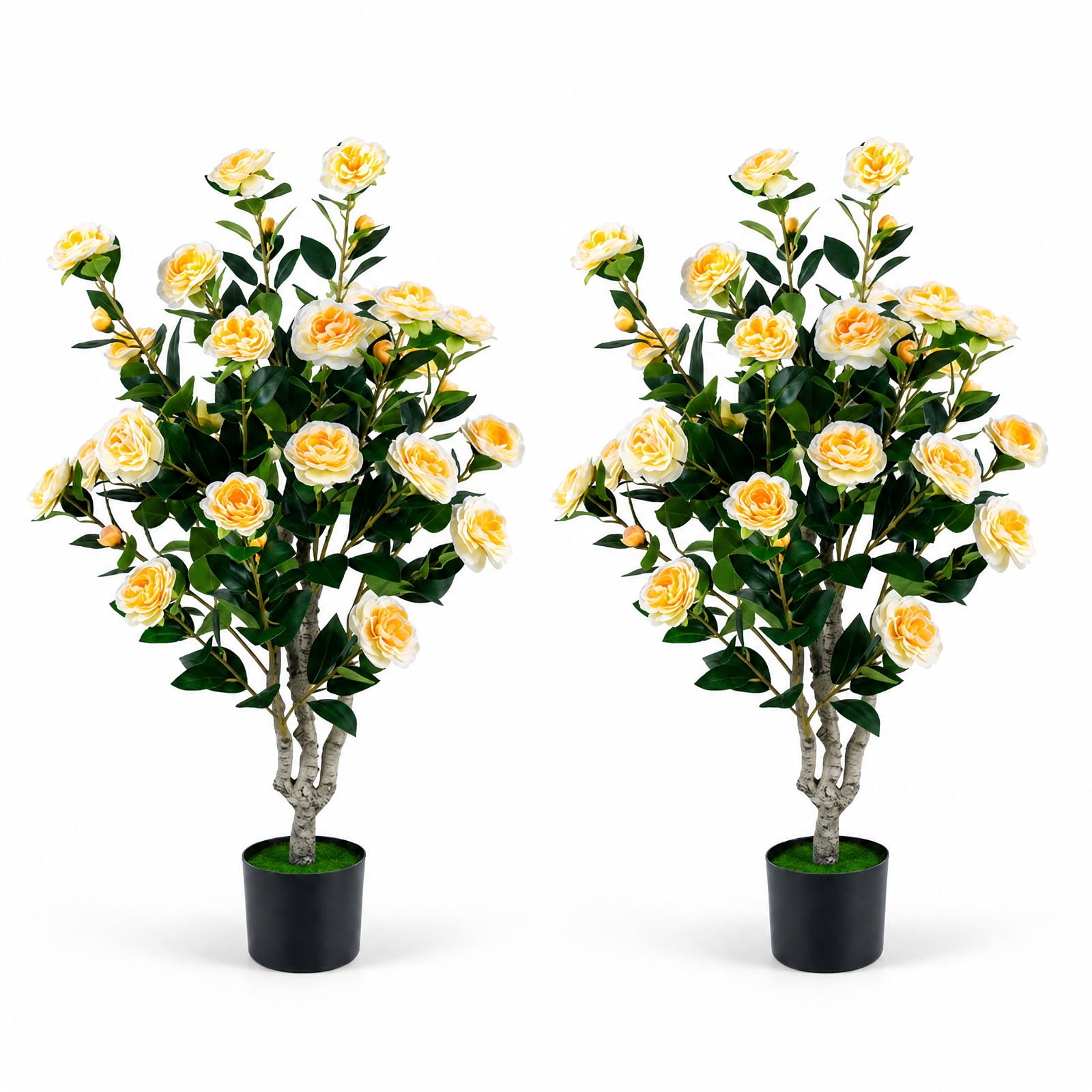 Vebreda Set of 2 39.5-Inch Artificial Camellia Trees with Yellow Flowers and Cement-Filled Pots for Indoor and Outdoor Decoration