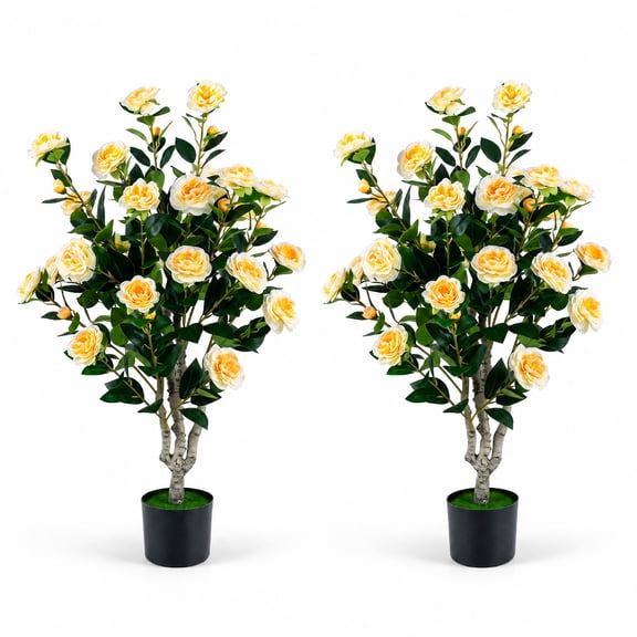 Vebreda Set of 2 39.5-Inch Artificial Camellia Trees with Yellow Flowers and Cement-Filled Pots for Indoor and Outdoor Decoration