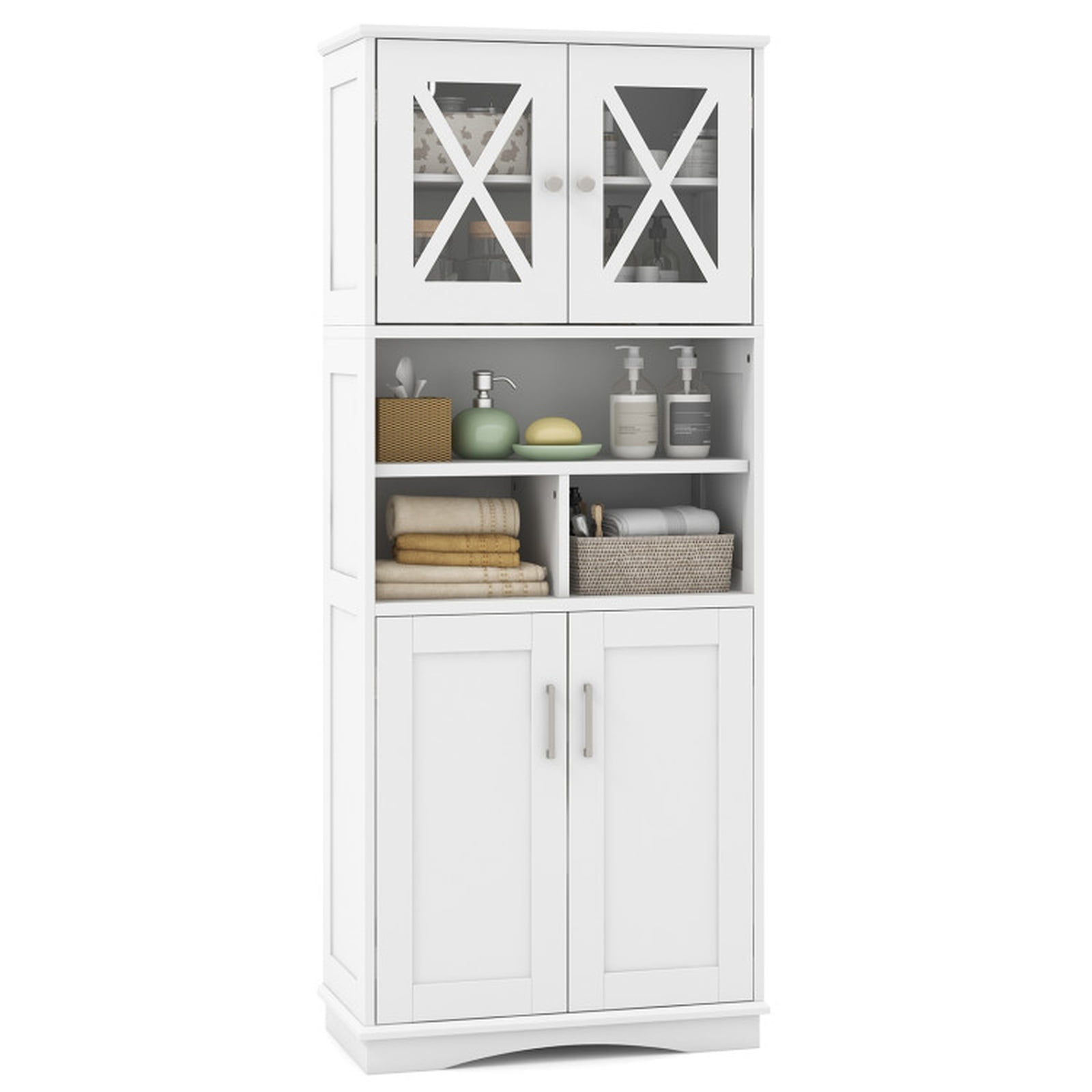 Vebreda Tall Bathroom Floor Storage Cabinet with Acrylic Doors and 3 Open Cubes and Adjustable Shelves for Bathroom Organizer, White