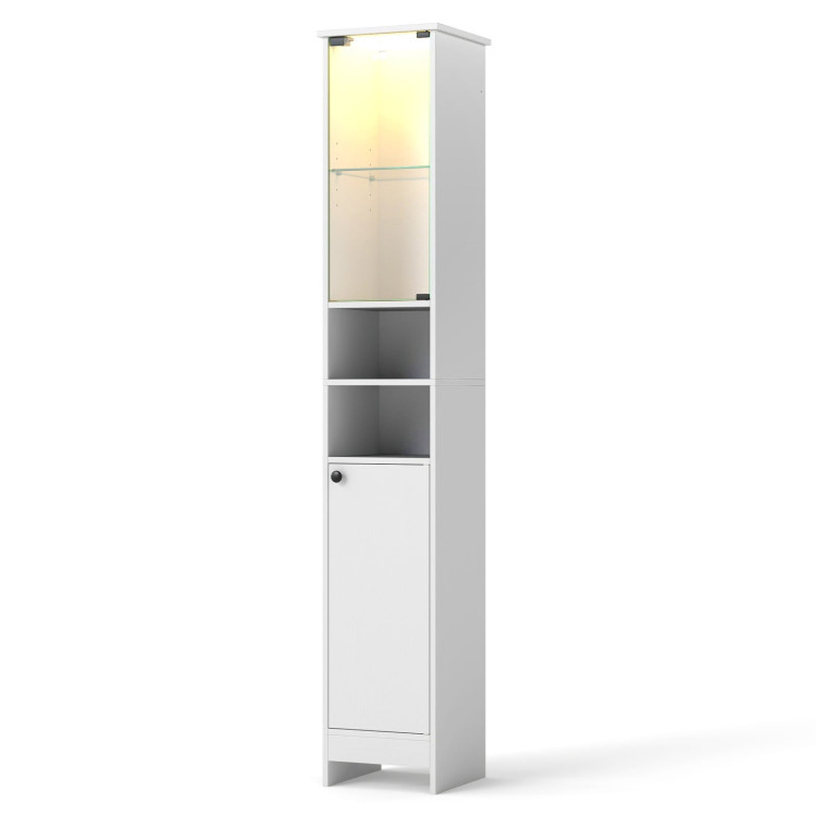 Vebreda Tall Bathroom Storage Cabinet with LED Lights, Freestanding Narrow Floor Cabinet with Remote Control, Adjustable Shelves and Push-to-Open Tempered Glass Door, White