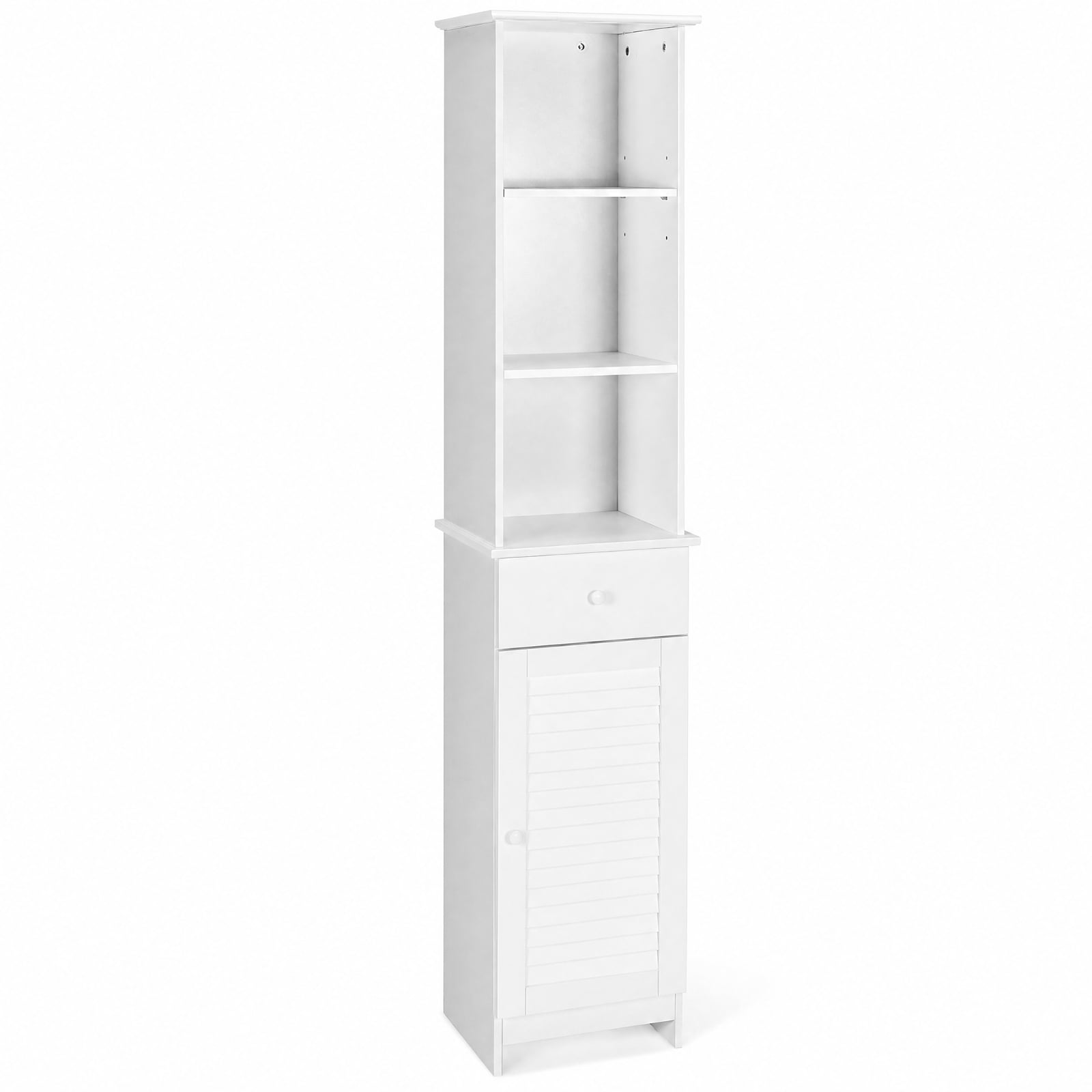 Vebreda Tall Freestanding Bathroom Storage Cabinet with Drawer, Door & 3 Open Shelves, Narrow Linen Tower Organizer with Adjustable Shelving for Bathroom, White