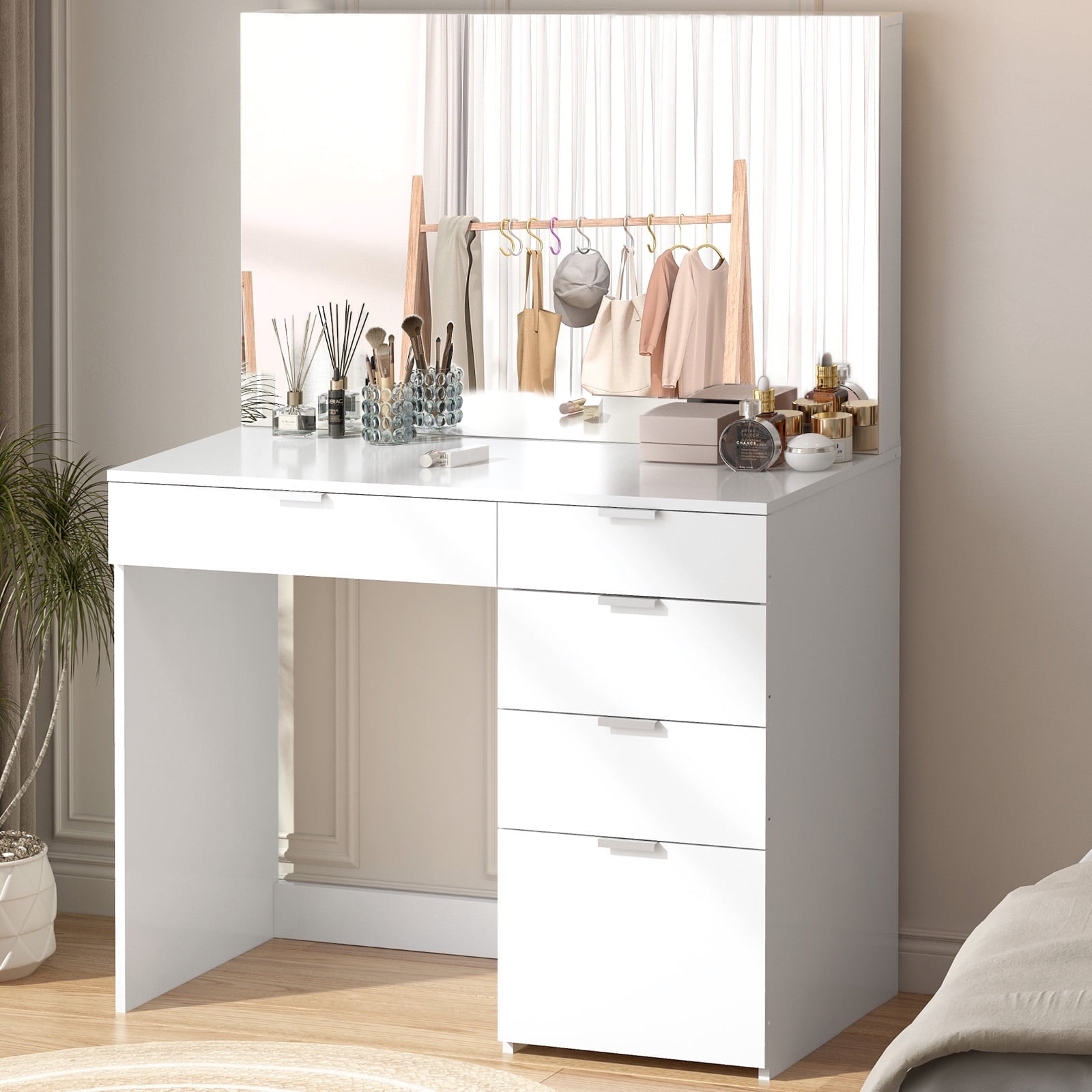 Vebreda Vanity Desk with Large Mirror and 5 Drawers for Bedroom