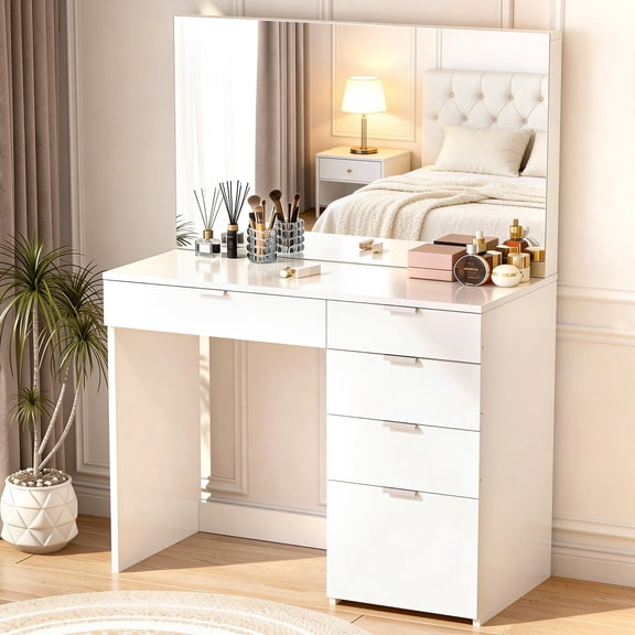 Vebreda White Vanity Desk with Mirror & Storage, Vanity Table and Dressing Table, 5 Drawers