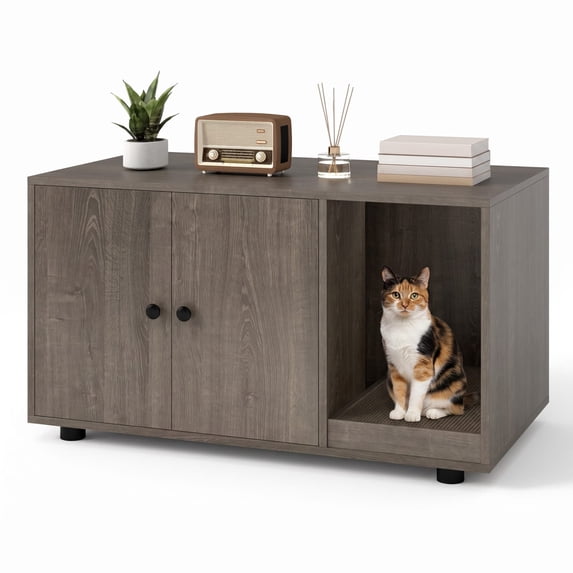 Vebreda Wooden Cat Litter Box Enclosure Hidden Litter Box Furniture with Scratching Board, Versatile Use, Ultimate Privacy & Cleanliness