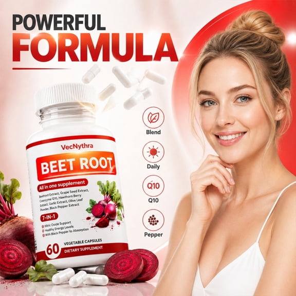 VecNythra Beetroot Extract 1000mg & Grape Seed Extract 200mg | Antioxidant Supplement Capsules, 60 Count