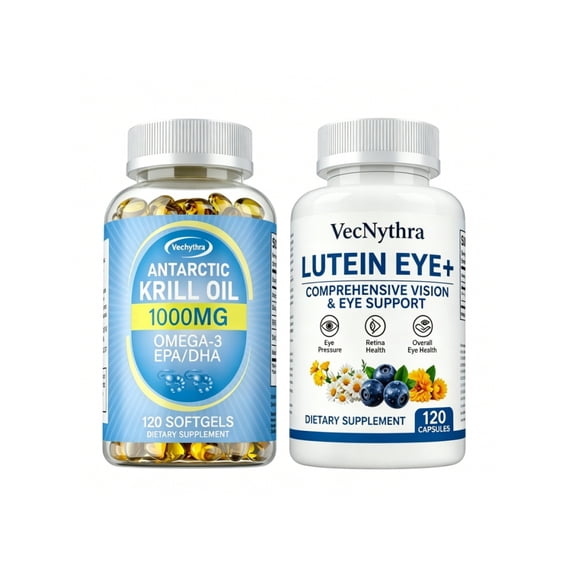 VecNythra Daily Wellness Essential Pack Antarctic Krill Oil Omega-3 (EPA/DHA) & Astaxanthin + Eye Health Vitamins with Lutein, Bilberry, Goji Berry 2 Bottles Total (120 Softgels + 120 Softgels)