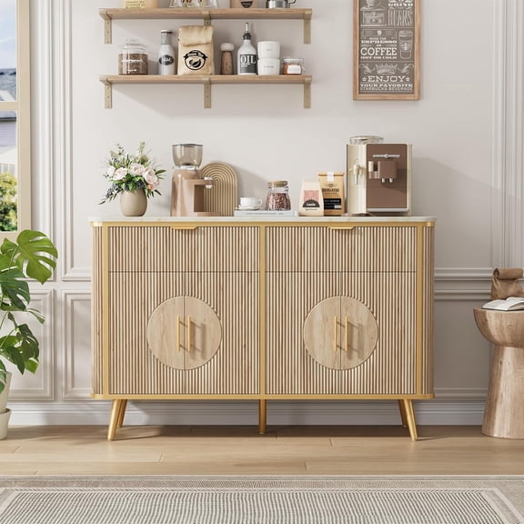 Vecenuy 47.2"Fluted Buffet Cabinet with Storage Sideboard Cabinet,with 2 Drawers & Adjustable Shelves,Kitchen Sideboard Buffet for Dining Room, Living Room, Hallway, Natural Oak