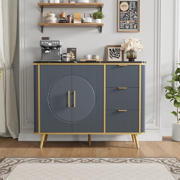 Vecenuy 47.3" Modern Buffet Cabinet with Storage, Kitchen Sideboard Buffet with 2 Door & 3 Drawers, Fluted Caffee Bar Storage Cabinet for Dining Room, Living Room, Entryway, Navy Blue