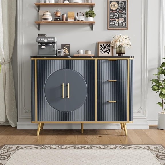 Vecenuy 47.3" Modern Buffet Cabinet with 2 Doors & 3 Drawers, Fluted Coffee Bar with Storage for Dining Room, Living Room, Entryway, Navy Blue