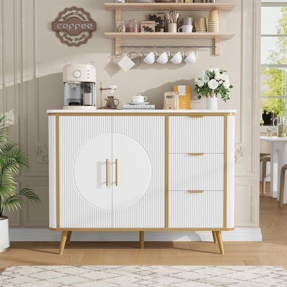 Vecenuy 47.3" Modern Buffet Cabinet with 2 Doors & 3 Drawers, Fluted Coffee Bar with Storage for Dining Room, Living Room, Entryway, White