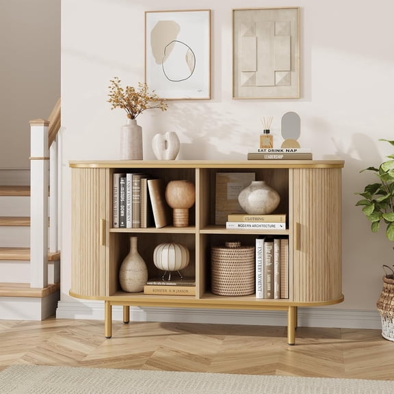 Vecenuy 47" Sideboard Buffet Cabinet with Storage, Sliding Door & Adjustable Shelf, Modern Accent Coffee Bar Console Table for Kitchen, Entryway, Natural Oak