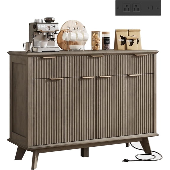 Vecenuy Buffet Cabinet Fluted Sideboard 47.2" Accent Cabinet with Adjustable Shelves，Modern Coffee Bar with Charging Station, for Dining Room, Living Room, Grey