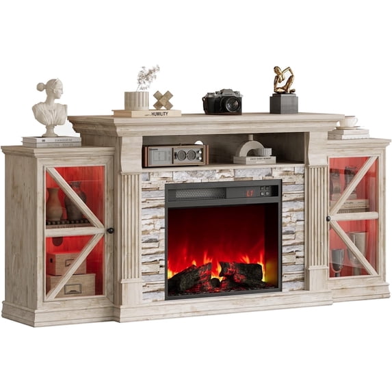 Vecenuy Electric Fireplace TV Stand, 70" Farmhouse Entertainment Center with Open Shelf & Glass Barn Door Cabinet, Modern TV Console with 7 Flame Colors for Living Room, Grey