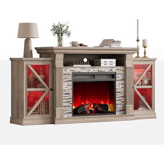 VecenuyTv Stand With Fireplace,Electric Fireplace TV Stand, 70" Farmhouse Entertainment Center with Open Shelf and Glass Barn Door Cabniet, Modern TV Console Table with 7 Flame Colors, Grey