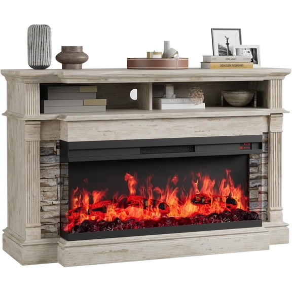 Vecenuy 52" Farmhouse Fireplace TV Stand for TVs up to 65", Entertainment Center with 36" 3-Side Glass Electric Fireplace, TV Console with Open Storage Shelves for Living Room, Grey