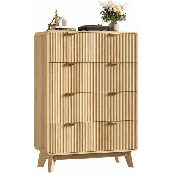 Vecenuy Fluted 5 Drawer Dresser, Modern 40.2" Tall Chest with Metal Handle, Wooden Storage for Living Room Hallway, Solid Wood Legs & Curved Profile, Natural Oak