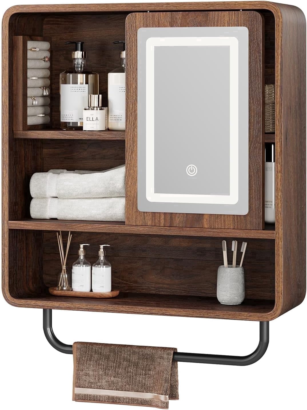 Vecenuy Modern Bathroom Wall Cabinet, Medicine Cabinets with Mirror, Over The Toilet Storage Cabinet for Bathroom, Towel Bar, Sliding Door, 3 Lighting Modes, Adjustable Brightness, Dark Walnut
