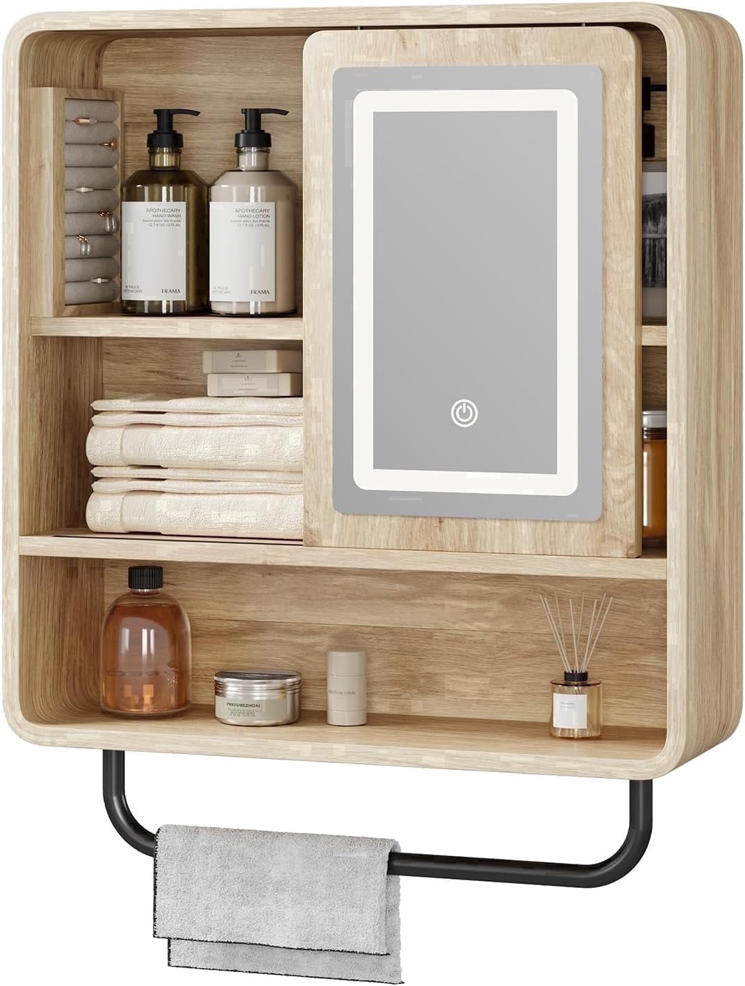 Vecenuy Modern Bathroom Wall Cabinet with Mirror, over-The-Toilet Storage & Towel Bar, Sliding Door, 3 Lighting Modes & Adjustable Brightness, Natural Oak
