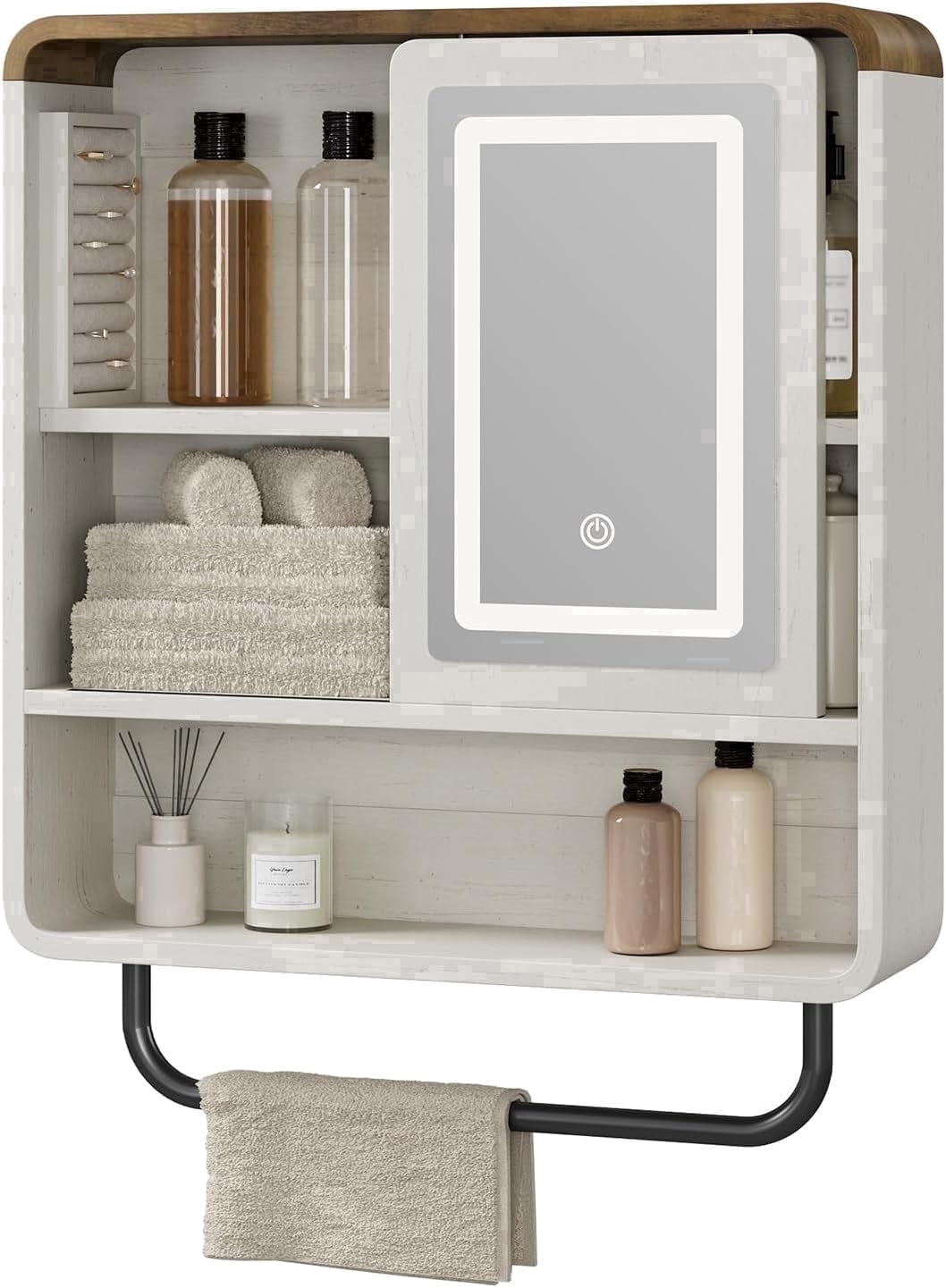 Vecenuy Modern Bathroom Wall Cabinet with Mirror, Medicine Cabinet over Toilet Storage, Towel Bar, Sliding Door, 3 Lighting Modes & Adjustable Brightness, Antique White