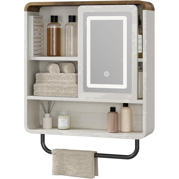 Vecenuy Modern Bathroom Wall Cabinet with Mirror, Medicine Cabinet over Toilet Storage, Towel Bar, Sliding Door, 3 Lighting Modes & Adjustable Brightness, Antique White