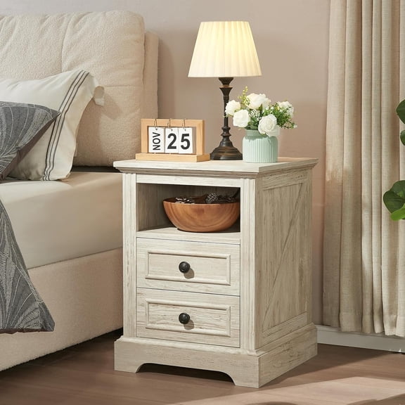 Vecenuy Nightstand with Charging Station,nd Table, Side Table with 2 Drawers Storage Cabinet for Bedroom, Living Room,18" Retro Bedside Table, Washed Gray