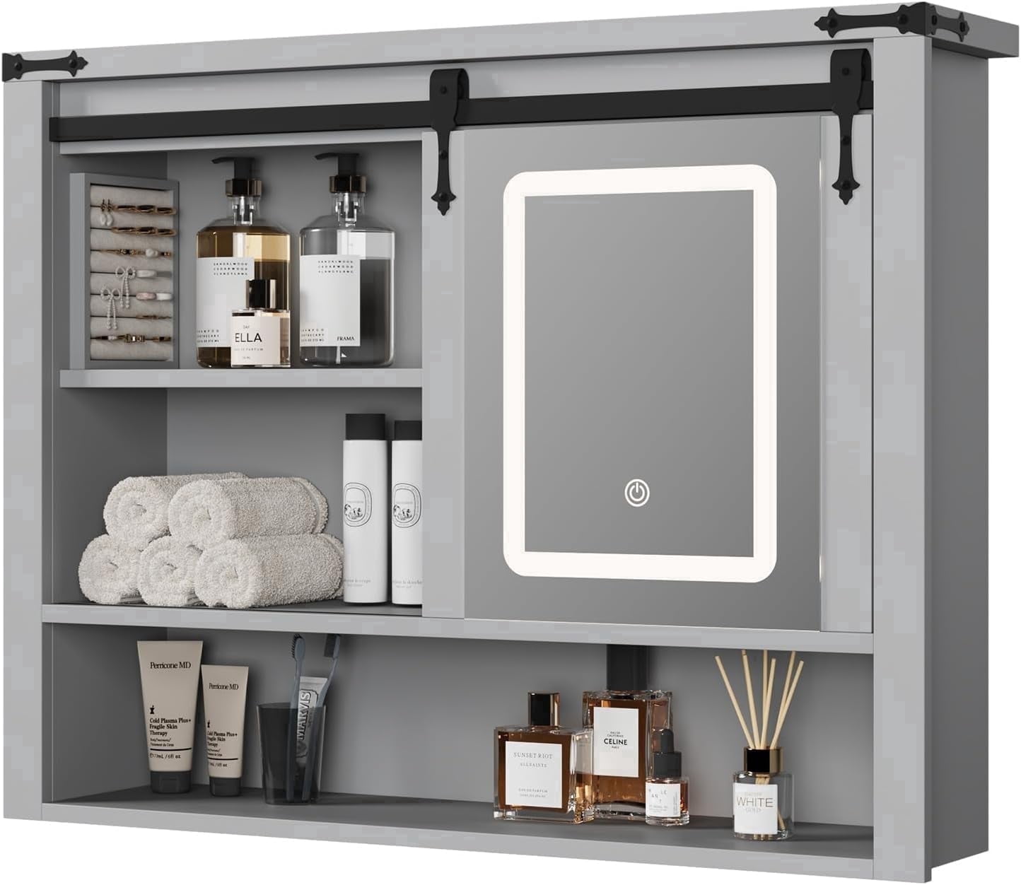 Vecenuy White Bathroom Wall Cabinet with Mirror, 3 Lighting Modes, Adjustable Brightness, Jewelry Holder, Sliding Door, Over Toilet Storage, Grey