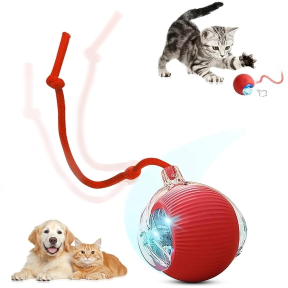 Vecktodisy Motion Activated Automatic Cat Toy Ball, Interactive Self Rolling Kitten Play Ball with LED Light & Detachable Red Tassel
