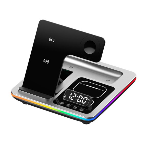 Zenithome 3-in-1 Foldable Wireless Charger Wireless Charger Digital Display Clock Alarm Clock RGB Light for Mobile Phone 15W Fast Charging for Watch Earphones Wireless Charger