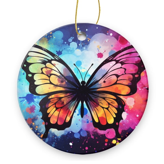 Vector Art of Colorful Butterfly on Dark Background - Christmas Ornament Xmas Keepsake Ceramic Ornaments Holiday Decorations for Tree Christmas Gift Ideas 2.95in