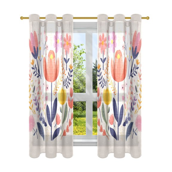 Vector Design Minimalist Flower Semi Sheer Curtains for Living Room Bedroom Set of 2 Insulated Window Drapes