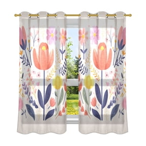 Vector Design Minimalist Flower Semi Sheer Curtains for Living Room Bedroom Set of 2 Insulated Window Drapes