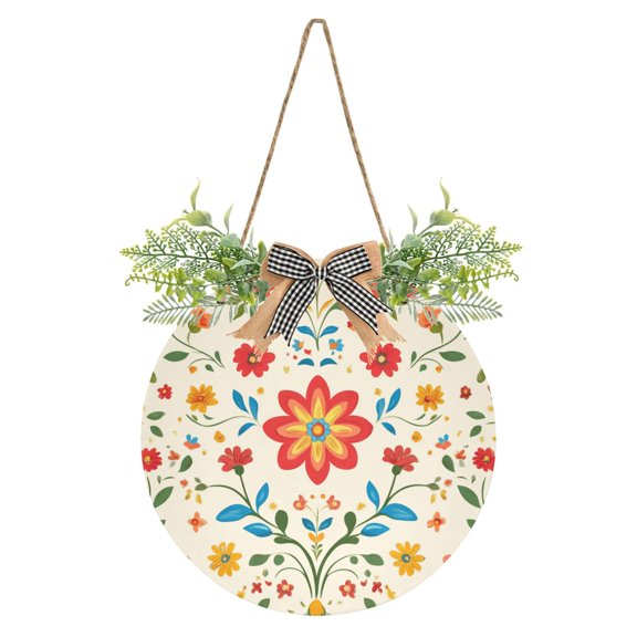 Vector Flower Beige Background Front Door Porch Decoration Hanging Sign with Artificial Green Plants and Bow for Home Outdoor Indoor