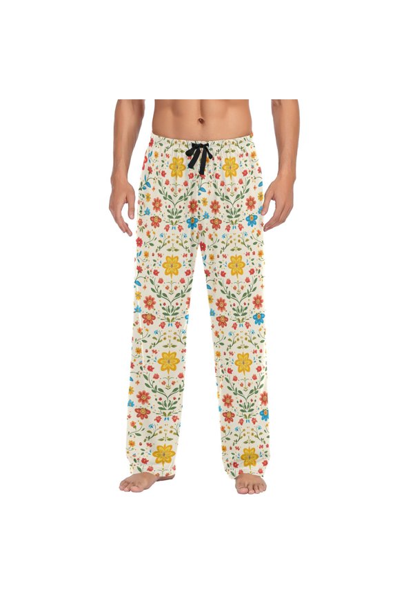 Vector Flower Beige Background Mens Pajama Pant Sleep and Lounge Bottons with Pockets