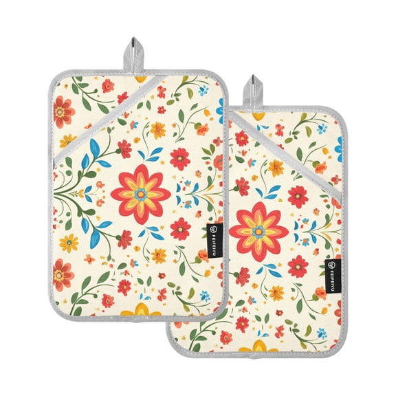Vector Flower Beige Background Oven Mitts Pot Holders 2 pcs Heat Resistant for Kitchen Baking Grilling