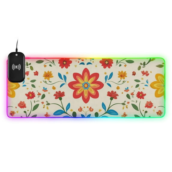 Vector Flower Beige Background Wireless Charging RGB Gaming Mouse Pad Large Keyboard Mat Rubber Base 13 Light Modes