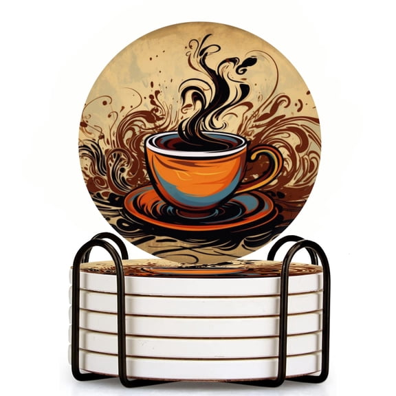 Vector Illustration Of Steaming Coffee Cup Set of 6 Ceramic Coasters with Holder, Absorbent Drink Bar Coasters, Table Coasters for Living Room Decor Tabletop Protection